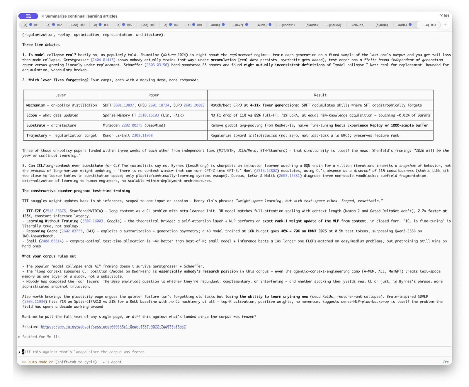 A coding agent answering a question about continual learning from saved papers, citing specific arXiv IDs and results.